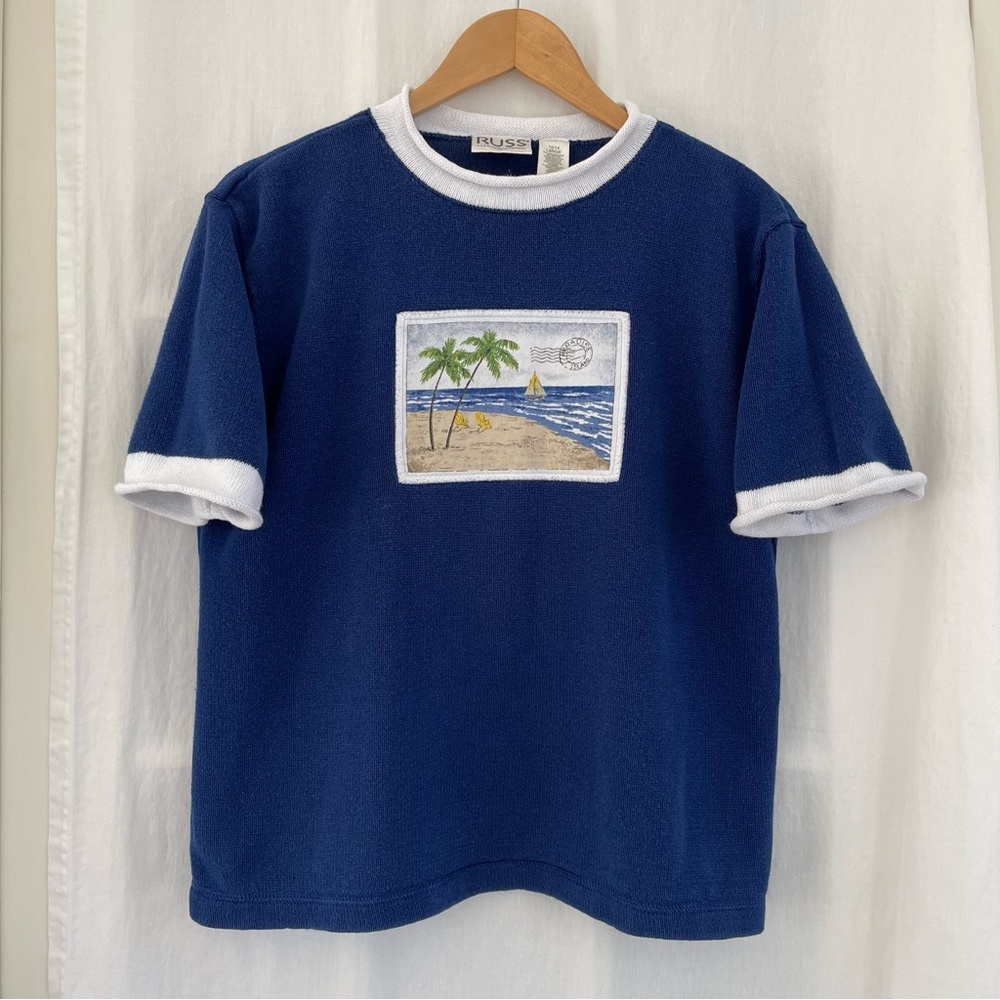 Russ Beach Graphic Sweater, short sleeve blue and white